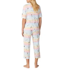 Peanuts Short Sleeve Notch Collar Knit Snoopy Striped Print Cropped Pajama Set