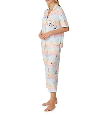 Peanuts Short Sleeve Notch Collar Knit Snoopy Striped Print Cropped Pajama Set
