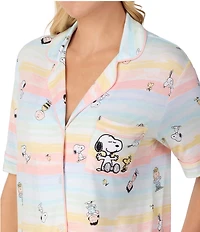 Peanuts Short Sleeve Notch Collar Knit Snoopy Striped Print Cropped Pajama Set