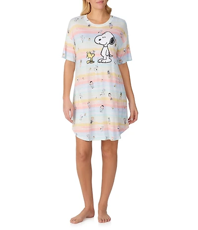 Peanuts Short Sleeve Round Neck Allover Multi-Stripe Snoopy Print Knit Nightshirt