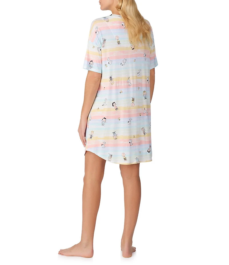 Peanuts Short Sleeve Round Neck Allover Multi-Stripe Snoopy Print Knit Nightshirt