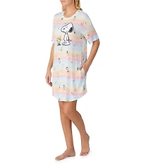 Peanuts Short Sleeve Round Neck Allover Multi-Stripe Snoopy Print Knit Nightshirt