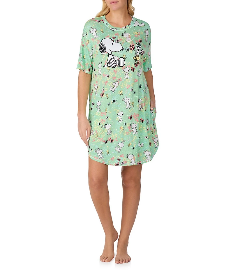 Peanuts Short Sleeve Round Neck Allover Snoopy Floral Print Knit Nightshirt