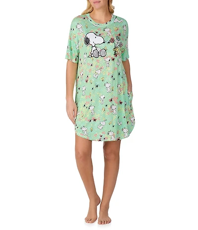 Peanuts Short Sleeve Round Neck Allover Snoopy Floral Print Knit Nightshirt