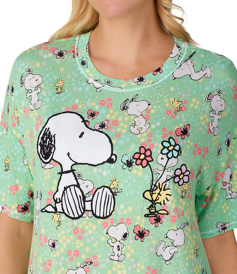 Peanuts Short Sleeve Round Neck Allover Snoopy Floral Print Knit Nightshirt
