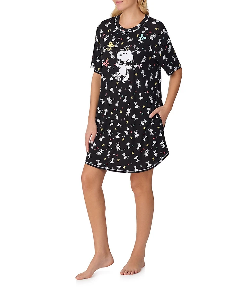 Peanuts Short Sleeve Round Neck Allover Snoopy Print Jersey Knit Nightshirt
