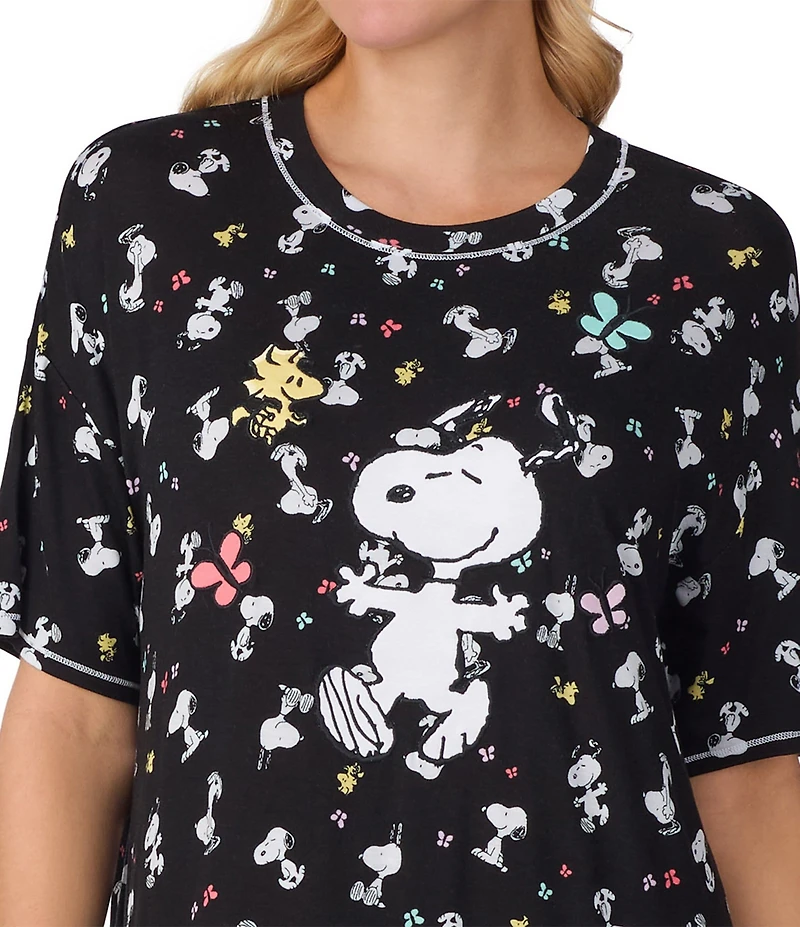Peanuts Short Sleeve Round Neck Allover Snoopy Print Jersey Knit Nightshirt