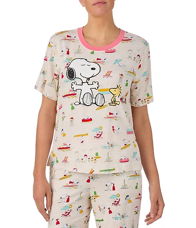Peanuts Short Sleeve Round Neck Snoopy Beach Print Jersey Knit Coordinating Sleep Top