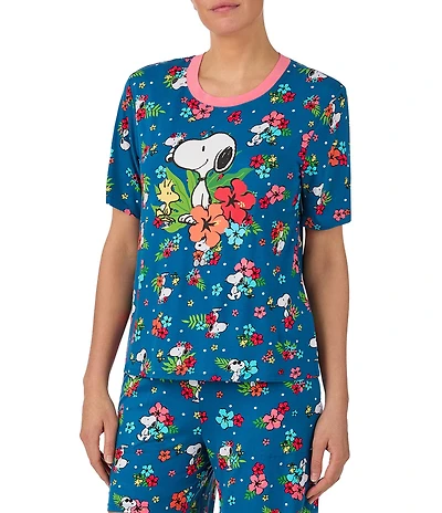 Peanuts Short Sleeve Round Neck Snoopy Floral Print Jersey Knit Coordinating Sleep Top