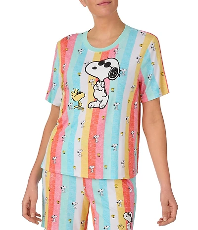 Peanuts Short Sleeve Round Neck Snoopy Stripe Print Jersey Knit Coordinating Sleep Top
