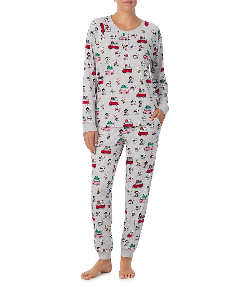 Peanuts Snoopy & Friends Print Long Sleeve Henley & Jogger Cozy Jersey Holiday Pajama Set
