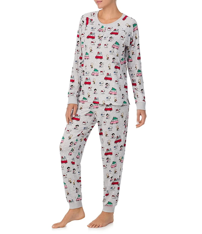 Peanuts Snoopy & Friends Print Long Sleeve Henley & Jogger Cozy Jersey Holiday Pajama Set