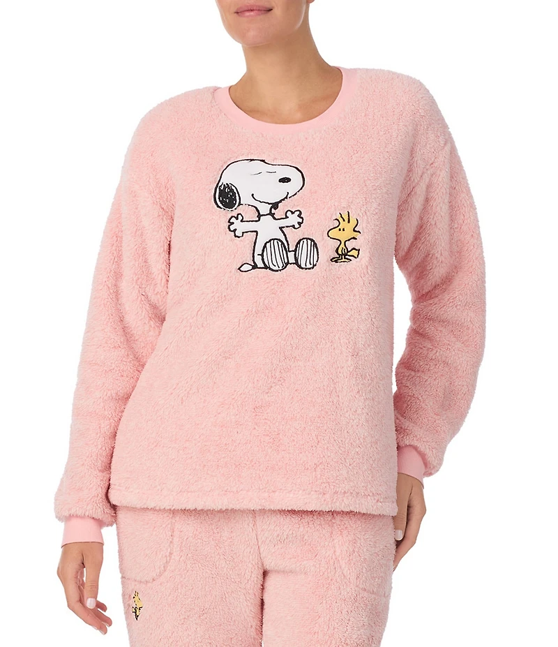 Peanuts Snoopy Applique Plush Long Sleeve Crew Neck Pullover