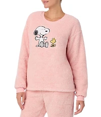 Peanuts Snoopy Applique Plush Long Sleeve Crew Neck Pullover