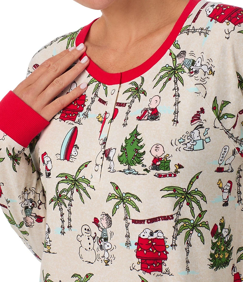 Peanuts Snoopy Beach Holiday Print Long Sleeve Henley & Jogger Cozy Jersey Holiday Pajama Set