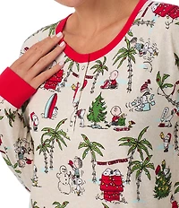 Peanuts Snoopy Beach Holiday Print Long Sleeve Henley & Jogger Cozy Jersey Holiday Pajama Set