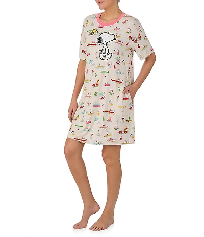 Peanuts Snoopy Beach Print Short Sleeve Round Neck Jersey Knit Sleepshirt
