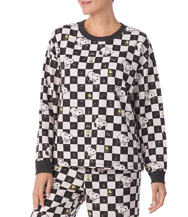 Peanuts Snoopy Checked Print French Terry Long Sleeve Round Neck Coordinating Sleep Top