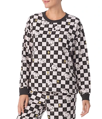 Peanuts Snoopy Checked Print French Terry Long Sleeve Round Neck Coordinating Sleep Top