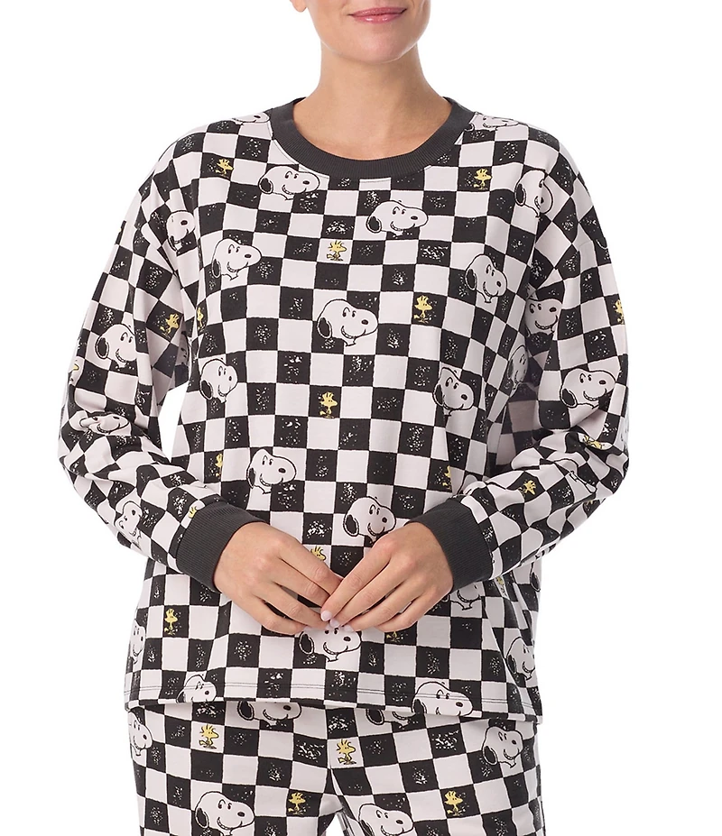 Peanuts Snoopy Checked Print French Terry Long Sleeve Round Neck Coordinating Sleep Top