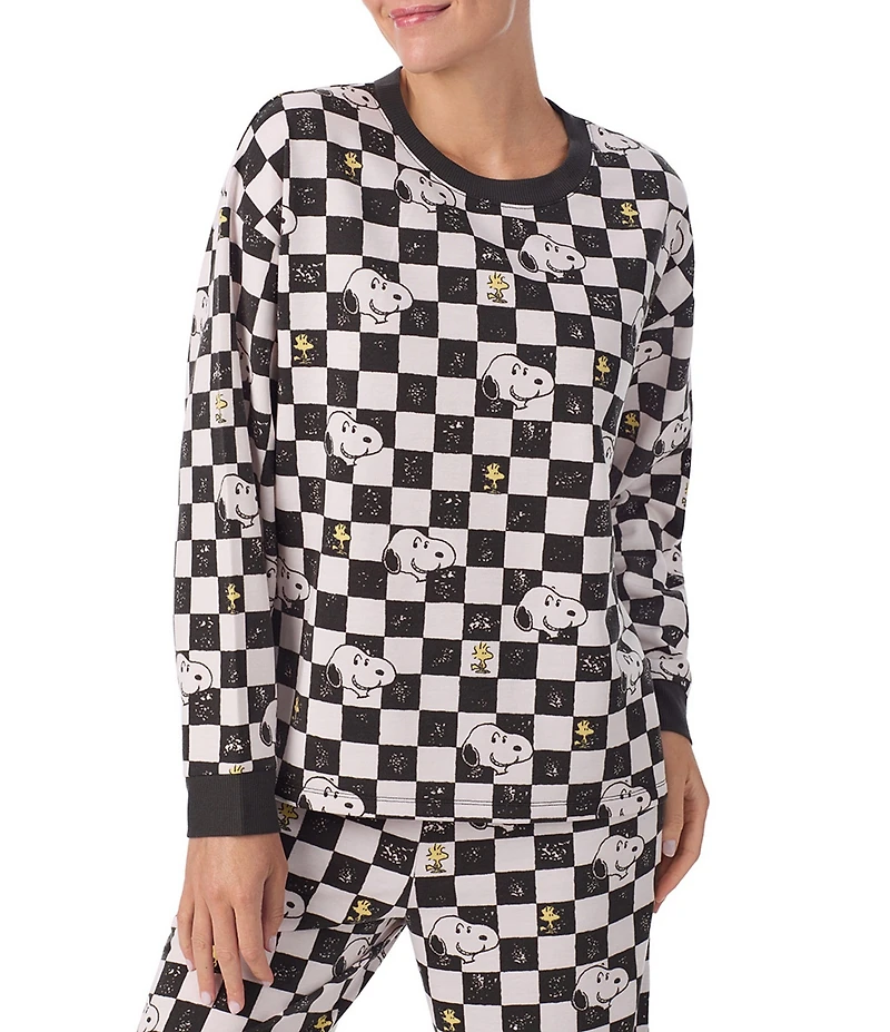 Peanuts Snoopy Checked Print French Terry Long Sleeve Round Neck Coordinating Sleep Top