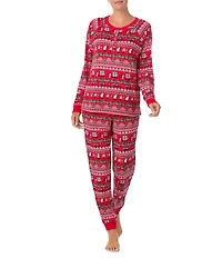 Peanuts Snoopy Fair Isle Print Long Sleeve Henley & Jogger Cozy Jersey Holiday Pajama Set