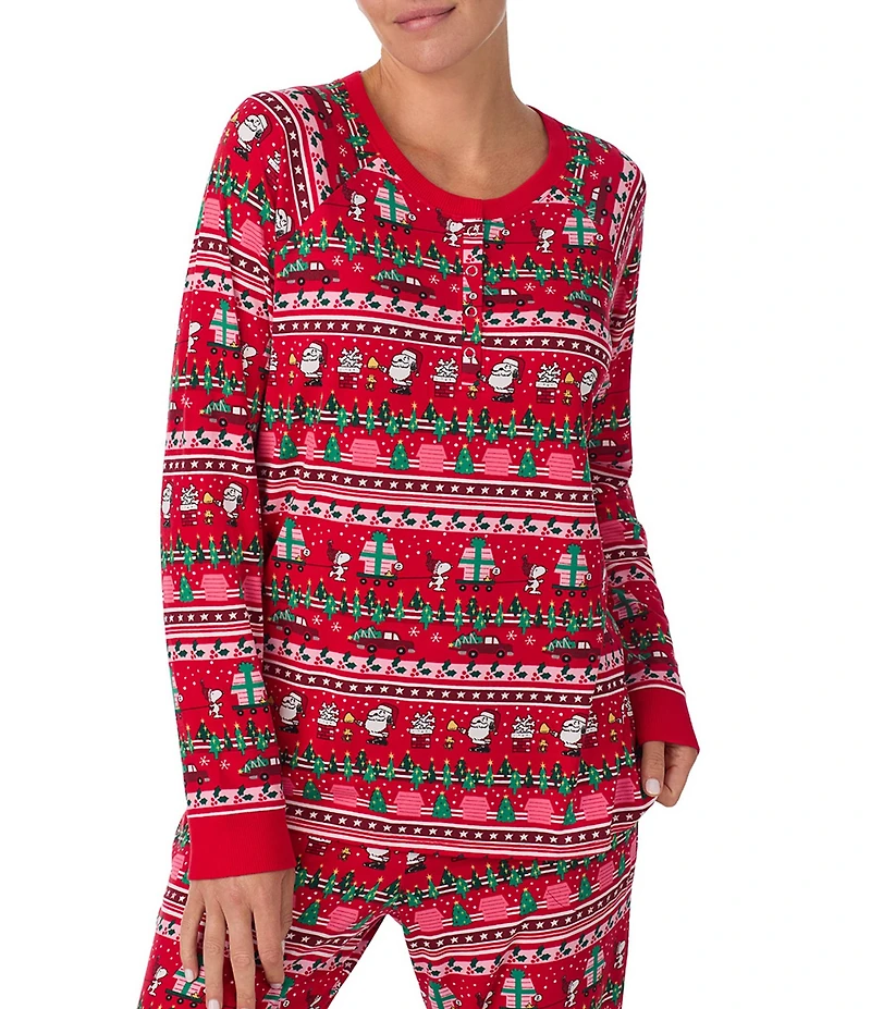 Peanuts Snoopy Fair Isle Print Long Sleeve Henley & Jogger Cozy Jersey Holiday Pajama Set