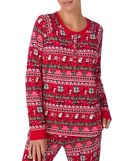 Peanuts Snoopy Fair Isle Print Long Sleeve Henley & Jogger Cozy Jersey Holiday Pajama Set