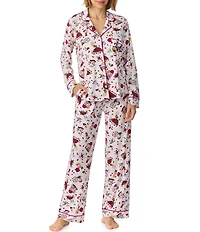Peanuts Snoopy Fall Friends Print Long Sleeve Notch Collar Jersey Knit Pajama Set