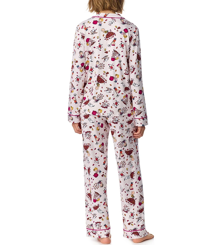 Peanuts Snoopy Fall Friends Print Long Sleeve Notch Collar Jersey Knit Pajama Set
