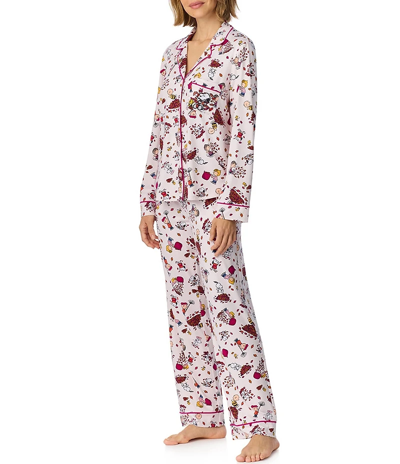 Peanuts Snoopy Fall Friends Print Long Sleeve Notch Collar Jersey Knit Pajama Set