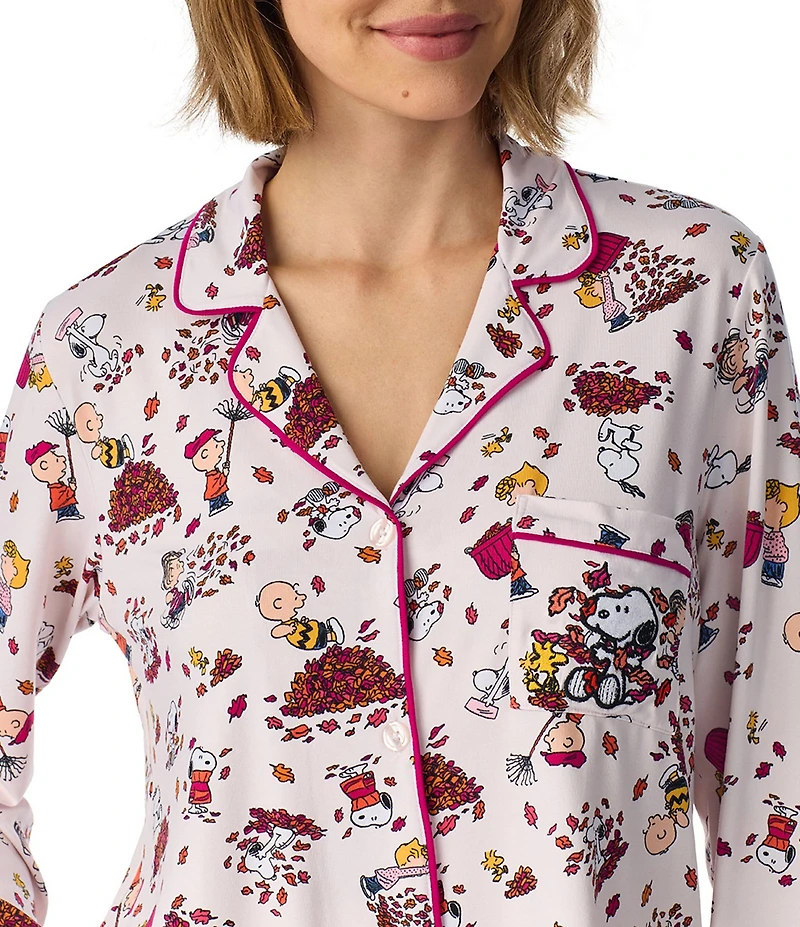 Peanuts Snoopy Fall Friends Print Long Sleeve Notch Collar Jersey Knit Pajama Set