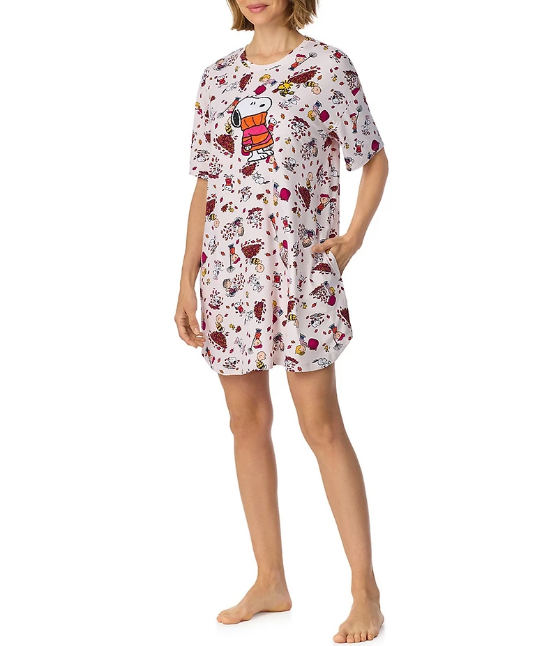 Peanuts Snoopy Fall Friends Print Short Sleeve Round Neck Jersey Knit Sleepshirt
