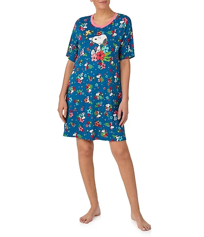 Peanuts Snoopy Floral Print Short Sleeve Round Neck Jersey Knit Nightshirt