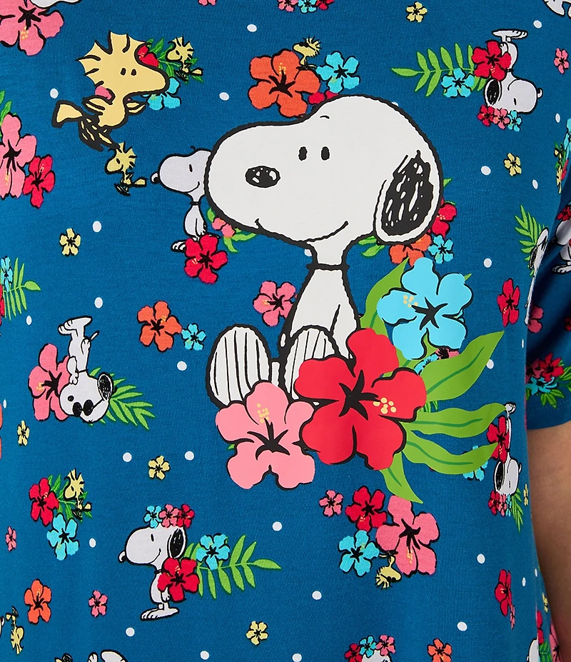Peanuts Snoopy Floral Print Short Sleeve Round Neck Jersey Knit Nightshirt