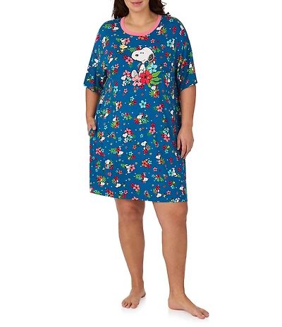 Peanuts Snoopy Floral Print Short Sleeve Round Neck Jersey Knit Nightshirt