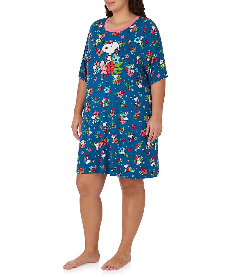 Peanuts Snoopy Floral Print Short Sleeve Round Neck Jersey Knit Nightshirt