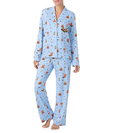 Peanuts Snoopy Halloween Print Long Sleeve Notch Collar Knit Long Pajama Set