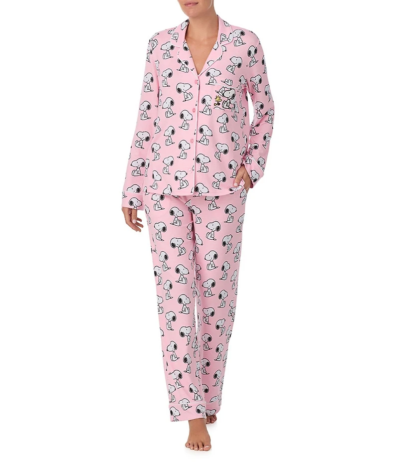 Peanuts Snoopy Print Knit Long Sleeve Notch Collar Long Pajama Set