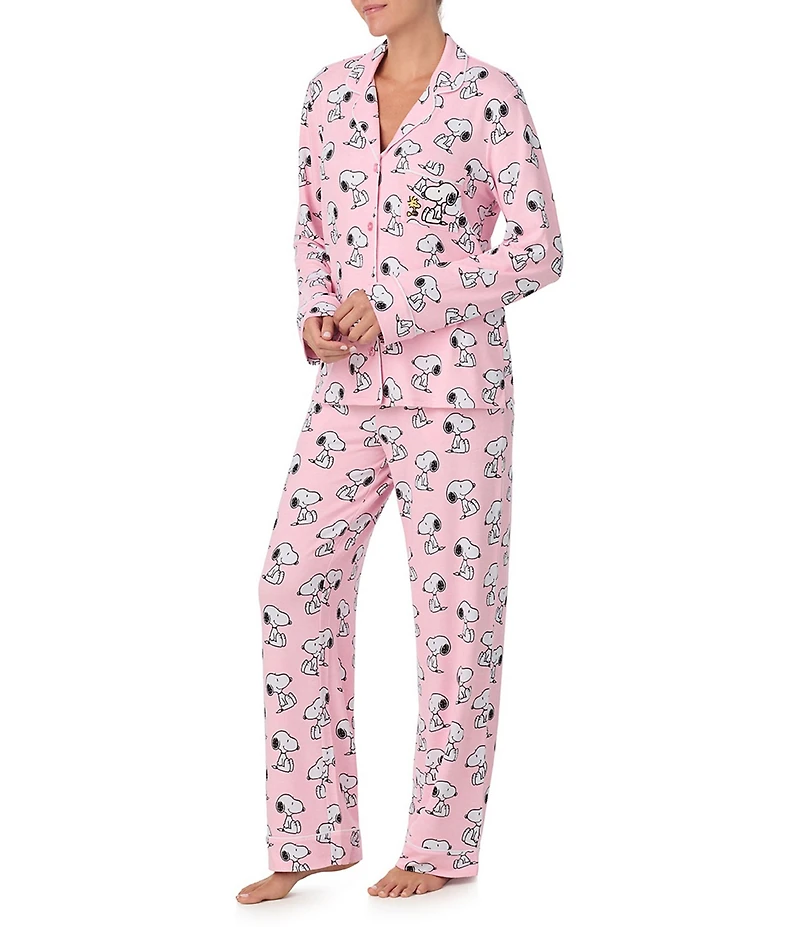 Peanuts Snoopy Print Knit Long Sleeve Notch Collar Long Pajama Set