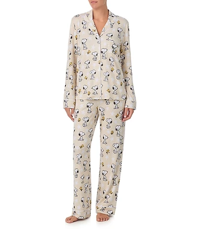 Peanuts Snoopy Print Knit Long Sleeve Notch Collar Long Pajama Set