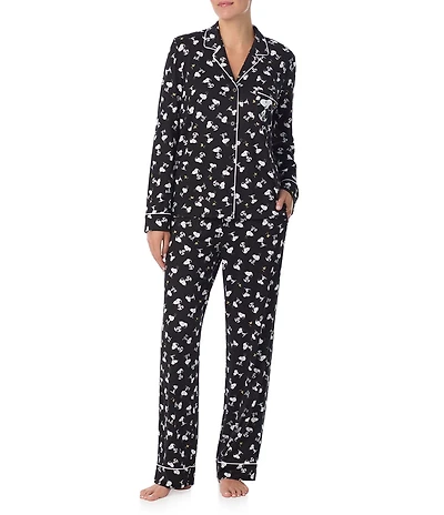 Peanuts Snoopy Print Long Sleeve Notch Collar Knit Pajama Set