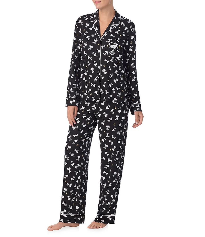 Peanuts Snoopy Print Long Sleeve Notch Collar Knit Pajama Set