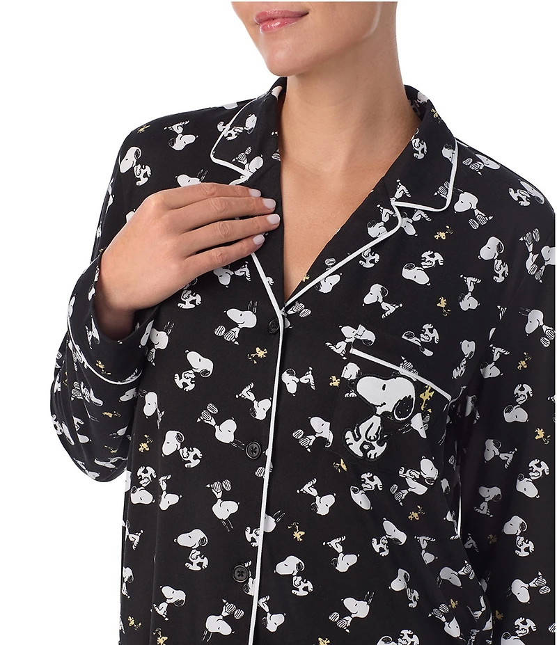 Peanuts Snoopy Print Long Sleeve Notch Collar Knit Pajama Set