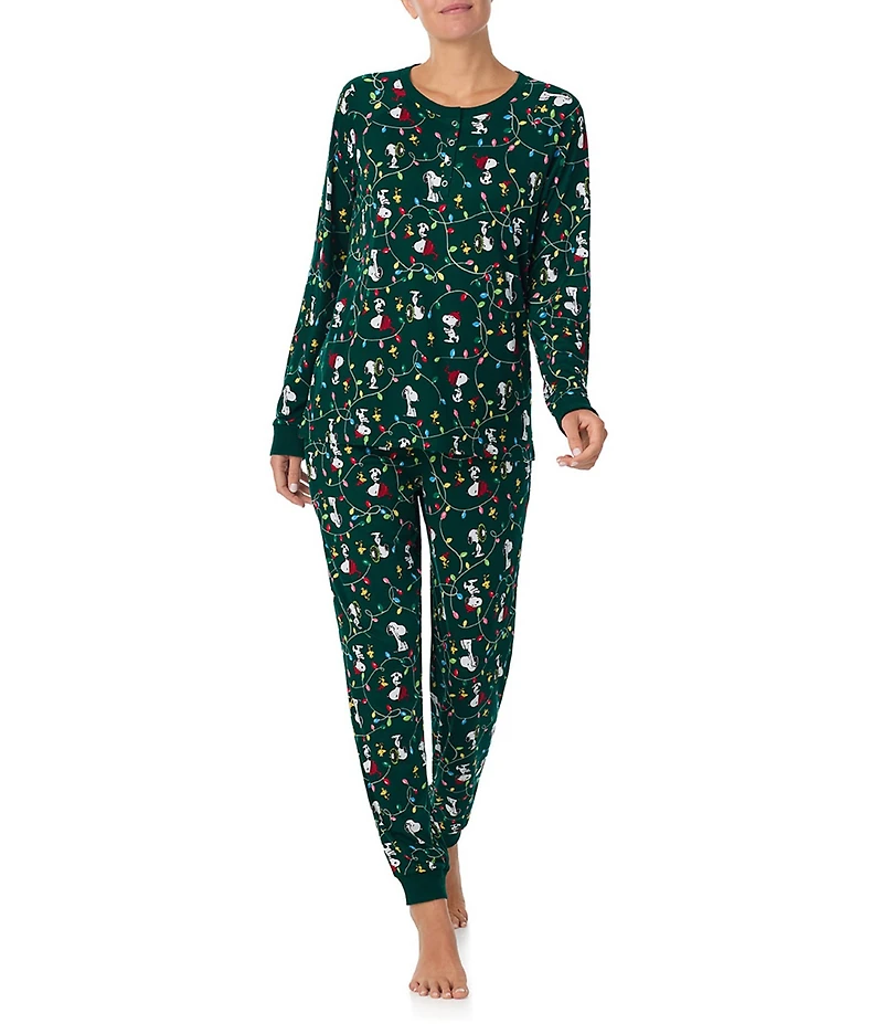 Peanuts Snoopy Tossed Print Long Sleeve Henley & Jogger Cozy Jersey Holiday Pajama Set