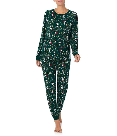 Peanuts Snoopy Tossed Print Long Sleeve Henley & Jogger Cozy Jersey Holiday Pajama Set