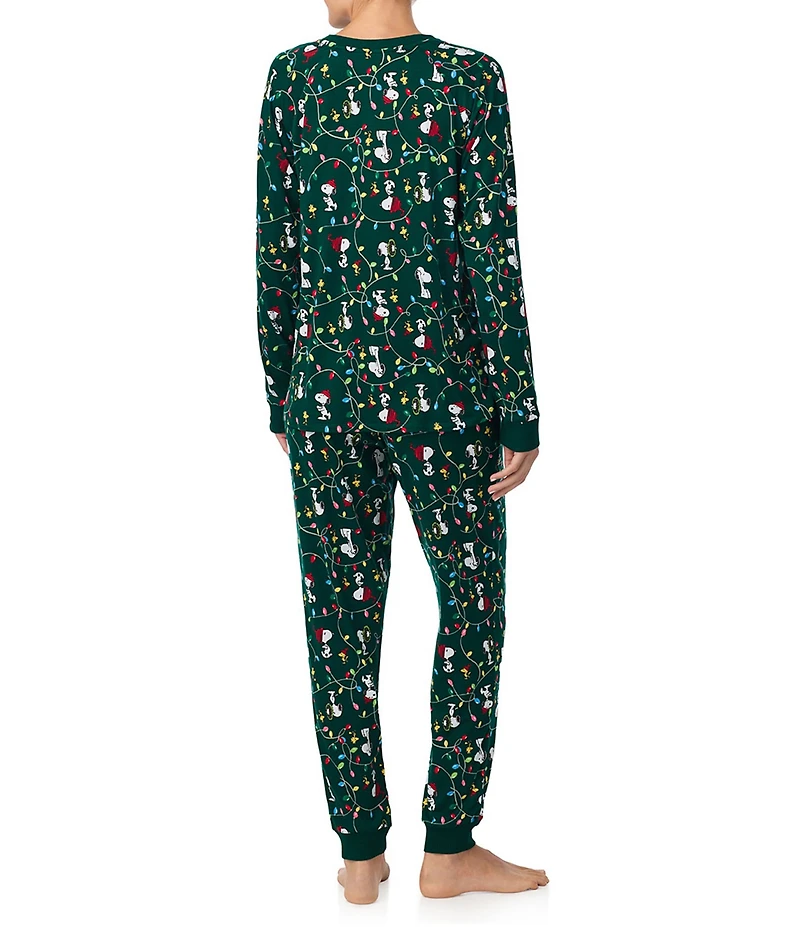 Peanuts Snoopy Tossed Print Long Sleeve Henley & Jogger Cozy Jersey Holiday Pajama Set