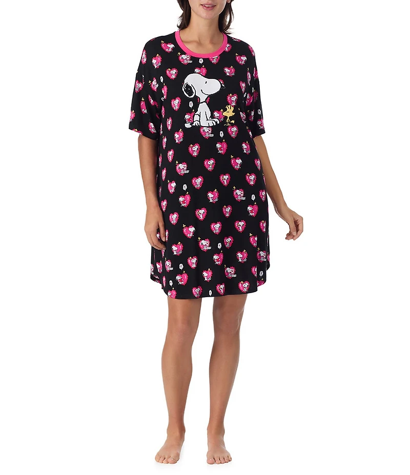 Peanuts Snoopy Valentine's Day Heart Print Short Sleeve Round Neck Jersey Knit Sleepshirt