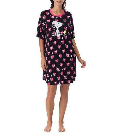 Peanuts Snoopy Valentine's Day Heart Print Short Sleeve Round Neck Jersey Knit Sleepshirt