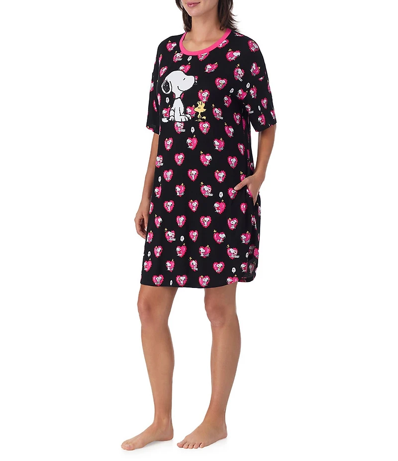 Peanuts Snoopy Valentine's Day Heart Print Short Sleeve Round Neck Jersey Knit Sleepshirt